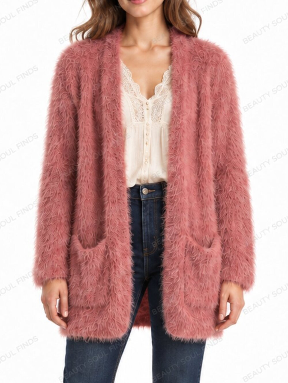 Free People Pink Fuzzy Eyelash Knit Open-Front Long Cardigan Sweater Size Medium